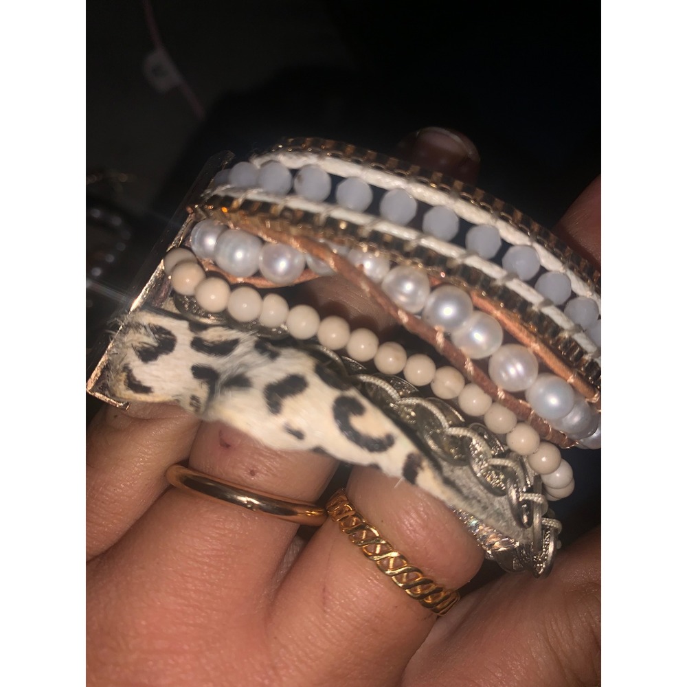 Victoria Emerson Boho Cuff Bracelet Leopard Print Pearl Bead Magnetic Clasp Gold